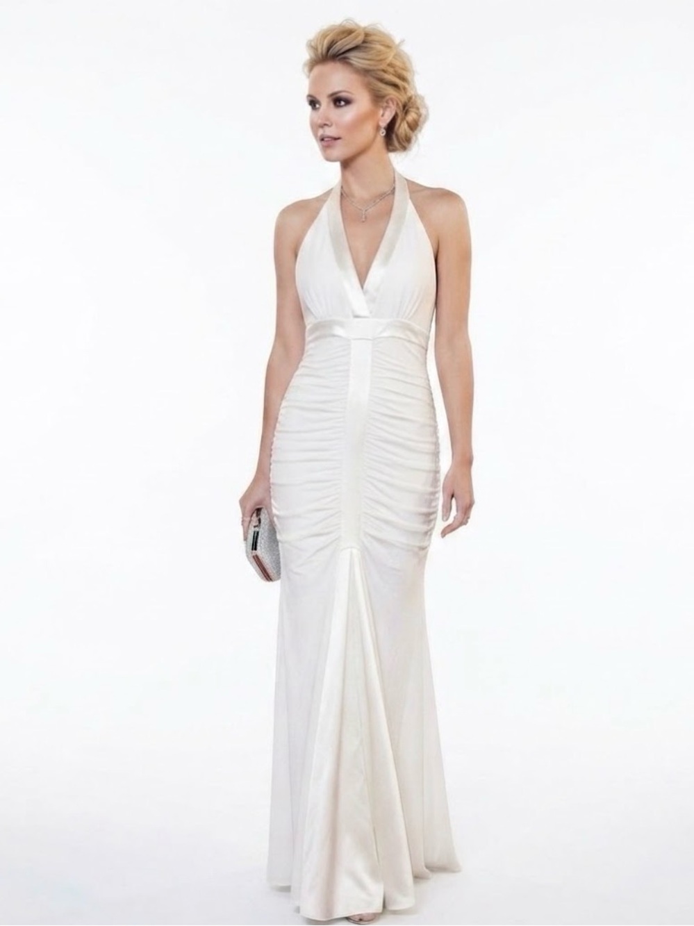 Vintage Jessica McClintock Y2K White Halter Ruched Gown - Size 8